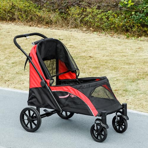 PawHut Hundewagen Hundebuggy klappbar für große Hunde & Katzen bis 30 kg Katzenbuggy mit Kissen Netzfenstern Türen Aufbewahrungstasche Katzenwagen Buggy Schwarz