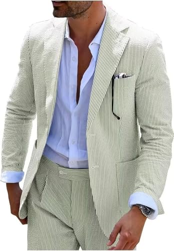 Seersucker Slim Suits Men Formal Summer Beach Wedding Grooms 2 Piece Blazer Pants Party Striped Suit Sage Green L