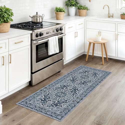 KUTA Vintage Washable Runner Rug, 2x5 Runners Non-Slip Navy Blue 5ft Hallway Kitchen Rugs Ultra Soft Printed Distressed Tribal Farmhouse Carpet for Bedroom Entryway Decor