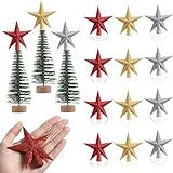 Hiboom 12 Pcs Mini Christmas Tree Topper 4 Inch Glitter Star Treetop Small Christmas Tree Topper Star Mini XmasTree Ornaments Bulk Decorative for Crafts Home Xmas Holiday Party (Silver Red Gold)