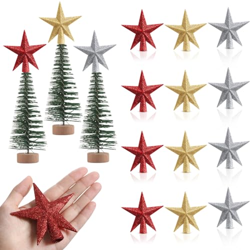 Hiboom 12 Pcs Mini Christmas Tree Topper 4 Inch Glitter Star Treetop Small Christmas Tree Topper Star Mini XmasTree Ornaments Bulk Decorative for Crafts Home Xmas Holiday Party (Silver Red Gold)