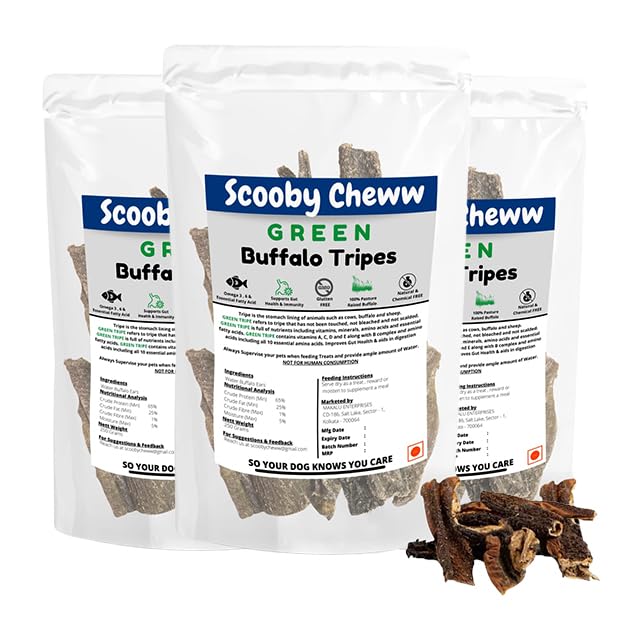 Image of Scooby Cheww-Dry Green Buffalo Tripe Treat | Rich in Omega 3,Omega 6 & Fatty Acids | Single Ingredient, Dehydrated Buffalo Tripe for Dogs | Natural Dog Chew Treat (Pack of 3)