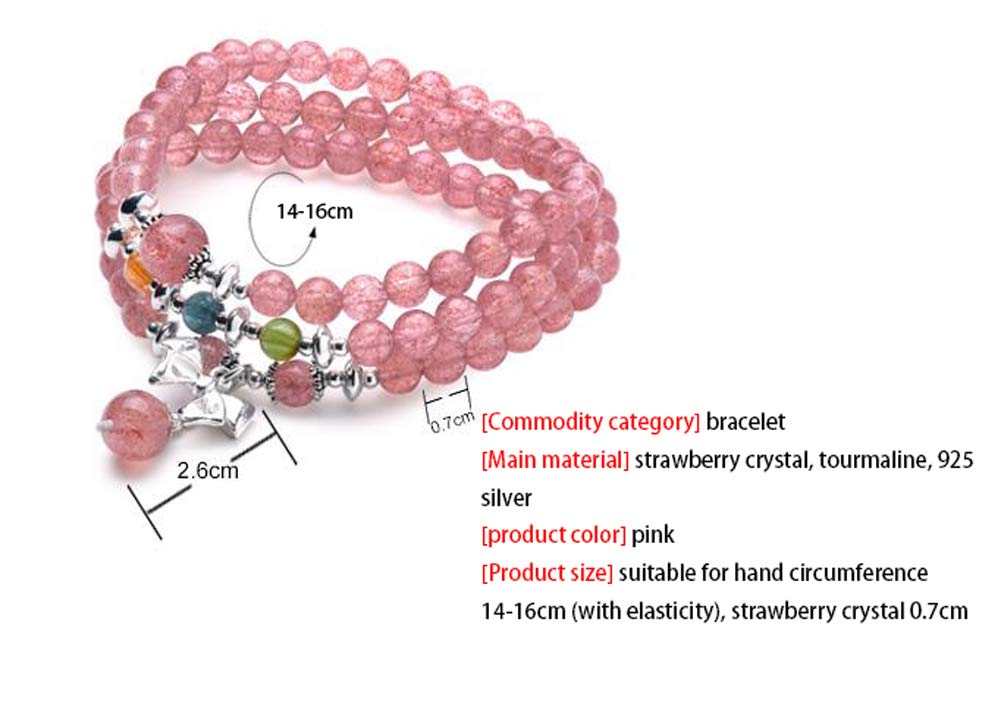 Bracciale in Cristallo di Fragola Bracciale da Donna Multistrato in Argento 925 con tormalina Bracciale in Polvere di Cristallo Semplice Braccialetto alla Moda