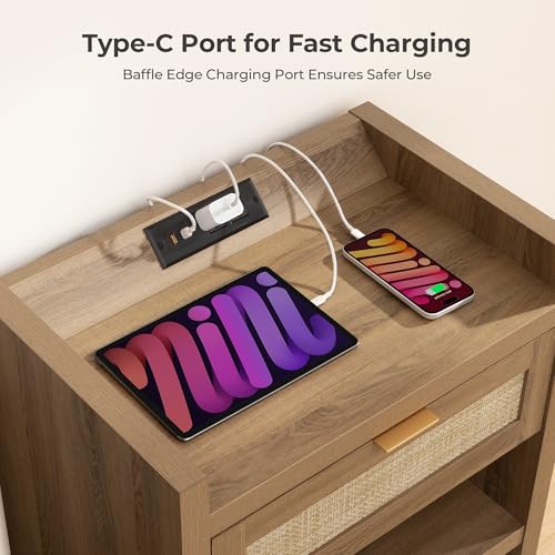 Image of SICOTAS Night Stand Bed Side Table - Rattan Nightstand with Type-C Charging Station,Drawer Storage End Table - Boho Bedside Night Stands for Bedroom - Natural Oak