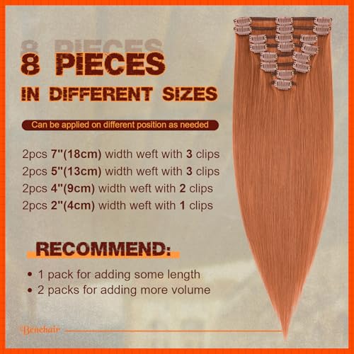 Image of Benehair Clip on Hair Extensions Real Human Hair Auburn Hair Extensions Clip in Human Hair 14inch Long Straight Remy Natural Full Head 8pcs Real Hair Extensions for Women #33 Dark Auburn