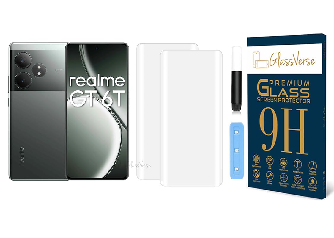GlassVerse Realme GT 6T UV Tempered Glass Screen Protector. Pack Of 2 | 3D Curved Edge | 9H Hardness | Full UV Glue with