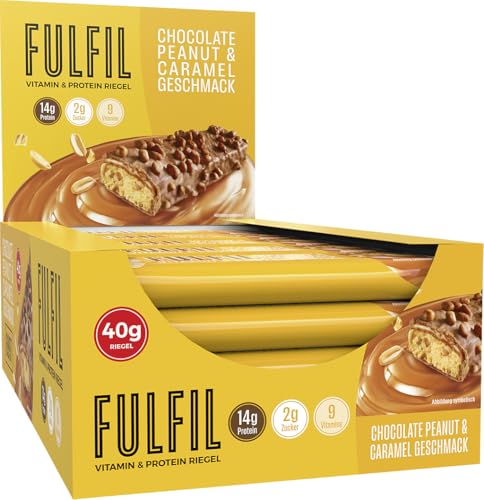 FULFIL Vitamin- und Proteinriegel Chocolate Peanut & Caramel Geschmack - High Protein, Low Sugar Snack - 15 x 40g