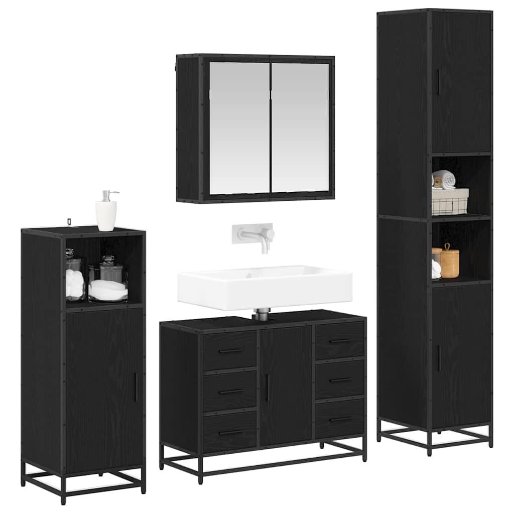Set di mobili da bagno, 4 pezzi, nero, effetto rovere, in legno con specchio, mobiletto sottolavabo, armadietto sospeso, per bagno degli ospiti, WC, salvaspazio