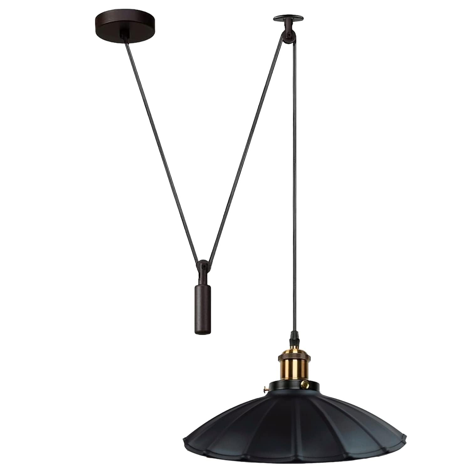 DC VOLTAGE Modern and Retro 1 Arm Pulley Hanging Pendant Light Spider Chandelier Adjustable 2M Cable Vintage Pendant Lamp Fixture with E27 Socket,Umbrella Shade Black