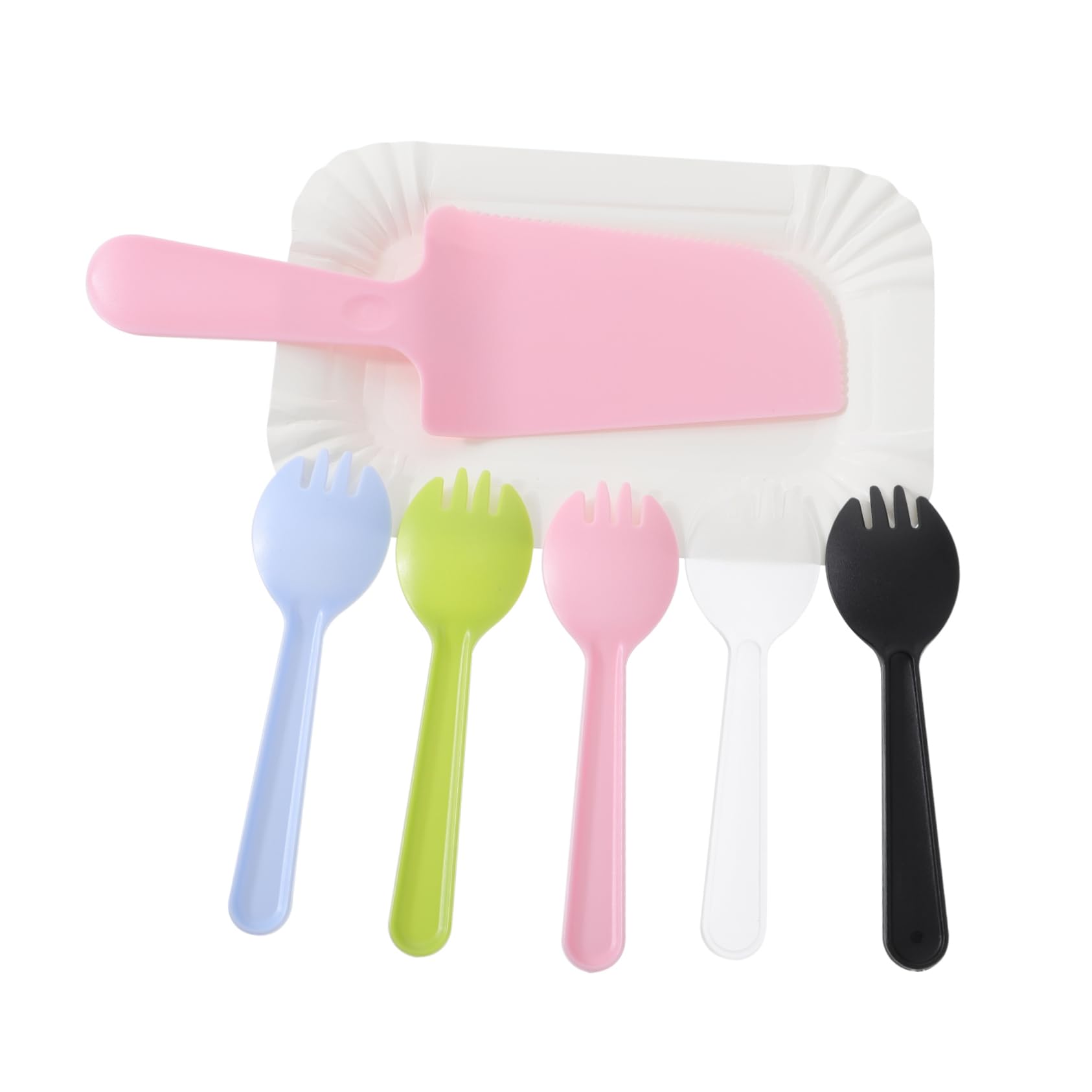 minkissy 50 Paper Dishes 5 Plastic Cake Knives Birthday Silverware Party Tableware Heavy Duty Plates for Boys and Girls Random Color