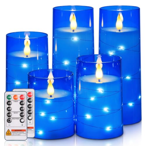 Image of Homemory Flickering Flameless Candles, Blue LED Pillar Candles with Remote
