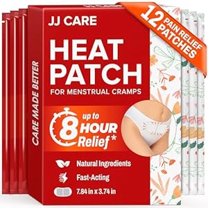 JJ CARE Heat Patch for Menstrual Cramp Relief (12 pcs Large), Menstrual Period Cramps Relief with Air-Activated Carbon, Menstrual Heating Patches for Period Cramps – 3.74 x 7.87 inches