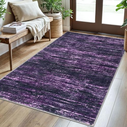 3x5 Purple White Modern Abstract Rug for Farmhouse, Super Soft Washable Rug with Non-Slip, Low-Pile Indoor Door Area Rug for Living Room Bedroom, Carpet with Non-Shedding