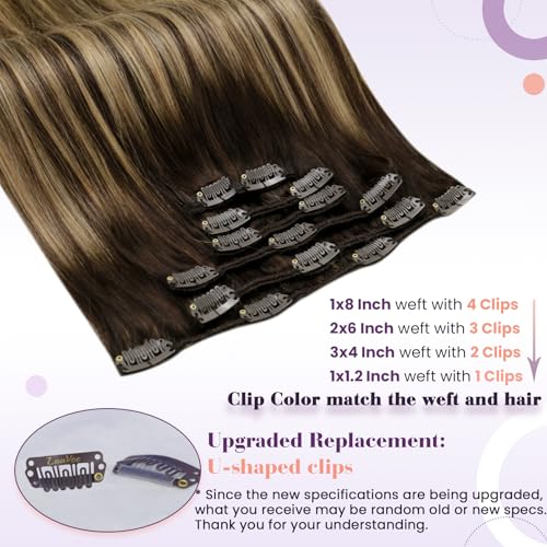 Image of LaaVoo Clip in Hair Extensions Real Human Hair Brown Balayage Human Hair Clip in Extensions Brown Ombre Human Hair Extensions Clip ins Full Head 22 Inch 7pcs /150g