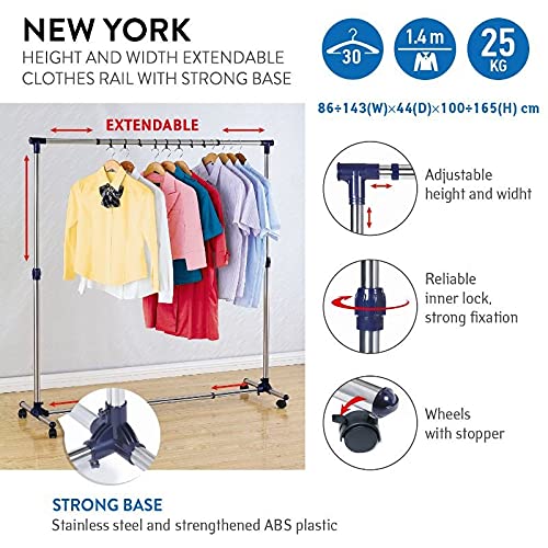 Tatkraft New York Extendable Stainless Steel Rolling 5 Ft Clothing and Garment Rack