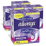 Always Xtra Protection Dailies Feminine Panty Liners for Women, Extra Long, 368 Count, Unscented (92 Count, Pack of 4 - 368 Count Total)