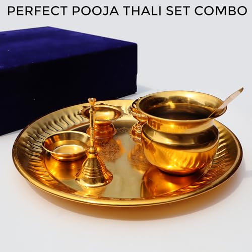 Image of Pure Source India Gold Plated Laxmi Ganesh Pooja Thali Set with Velvet Box for Diwali /Pooja Room /Diwali Gifting |ReturnGift (8.6 Inch)