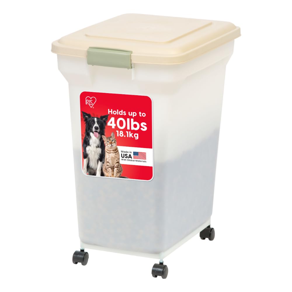 IRIS USA Airtight Dog Food Storage Container, WeatherPro, Up to 40 lbs, Removable Wheels, for Dog Cat Bird and Other Pet Food Storage Bin, Keep Fresh, Translucent Body, Made in USA, Pearl/Almond