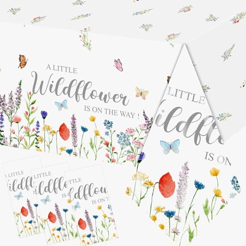 3Pieces Wildflower Baby Shower Decorations Tablecloth, 71 * 43 Inch A Little Wildflower Is On The Way Decorations Tablecloth, Little Wildflower Baby Shower Decorations Table Cover for Floral Party