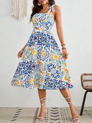 Image of Floerns Women's Floral Print Tie Strap Square Neck Ruffle Boho Maxi Dress