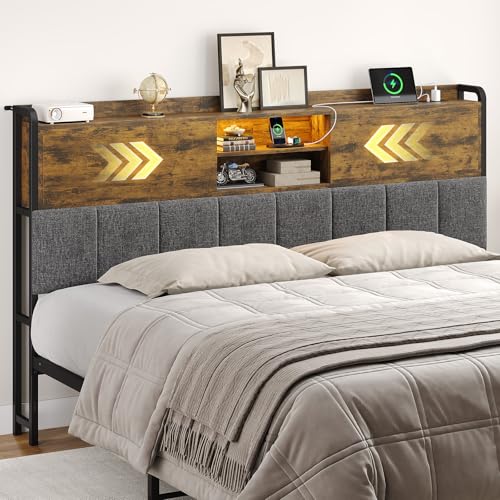 ONBRILL Headboard King Size with 3-Tier Storage Shelves King Bed Headboard Only with Sliding Doors LED Light and Charging Station Upholstered Headboards for Bed Rustic Brown