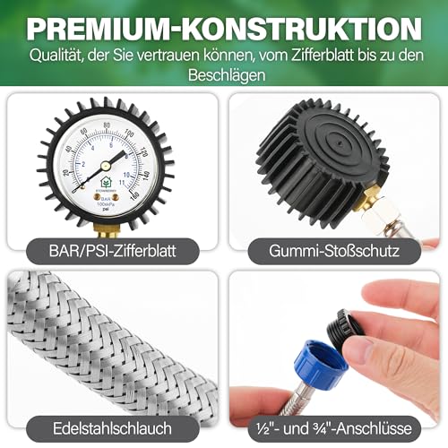 STOWBERRY Netz-Wasserdruck-Manometer - 0-11 bar / 0-160 PSI - Wasserzulaufdruck-Manometer mit Schlauchhahnanschluss - Hydraulikwerkzeug für den