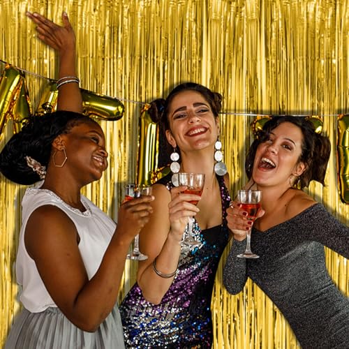 Image of 4 Pack Gold Fringe Curtain Backdrop Tinsel Streamers Birthday Party Decorations Christmas Photo Booth Backdrop Halloween New Year Graduation Baby Shower Theme Party Decorations
