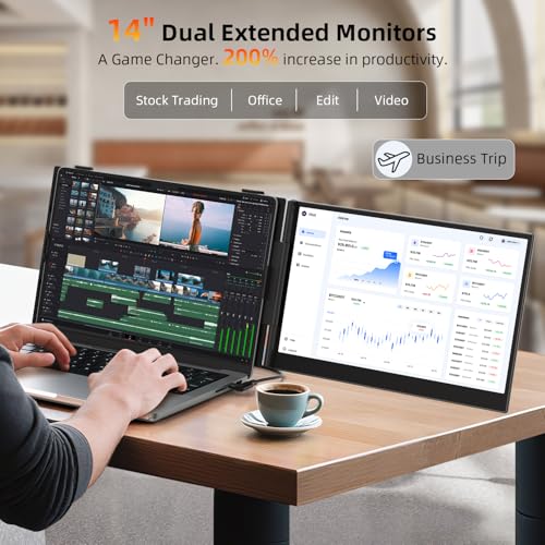 Image of 14 inch Dual Laptop Screen Extender - Upgraded Ultra Thin Portable Monitor for Laptop, FHD 1080P Lightweight Travel Display for 13-17.3 inch Laptop, Plug & Play USB-C /HDMI, Extended Screen for Mac /Windows