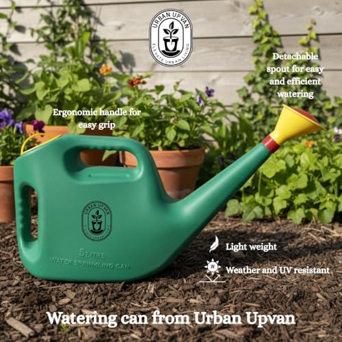 Image of Urban Upvan Watering Can 5L (Green) with 500g Vermicompost | Plastic Garden Water Can with Sprinkler Spout | Lightweight, Durable, Ergonomic Handle | Indoor Outdoor Plant Care