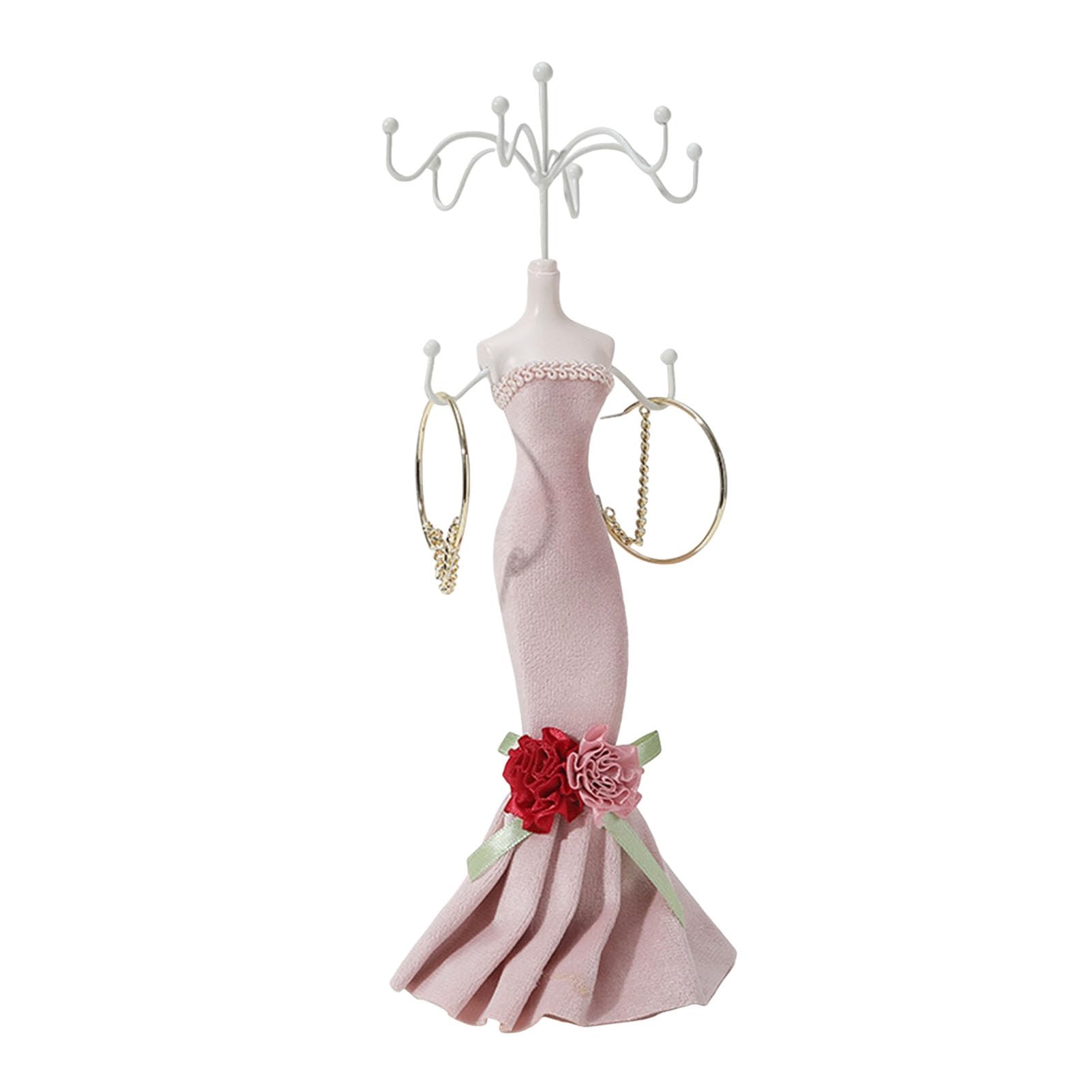 Mini Manikin Jewelry Stand Lady Mannequin Jewelry Organizer with 8 Hooks 2 Tiers Necklace Bracelet Earring Ring Holder Display Stand for Vanity Table Counter Pink & Red