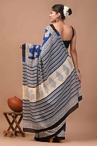 Image of Crafts Moda Hand Block Ajrakh Print Cotton Saree for women with Blouse | Soft comfortable wear sari