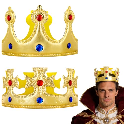 AOOWU Couronne Roi Adulte, Lot de 2 Couronnes en Or avec Pierres Précieuses et Design, Couronne de Costume Royal Ajustable pour Fêtes, Halloween, Cosplay,...