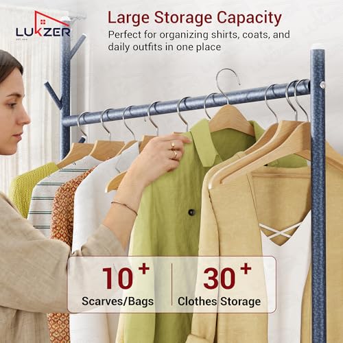 Image of Lukzer | MGR-002 | Deep Sea | Metal Cloth Stand & Garment Rack with Wheels, 2 Bottom Shelves & Single Rod - Space-Saving Clothes Organizer for Bedroom, Bathroom, Office & More | 173 x 90 x 34 cm