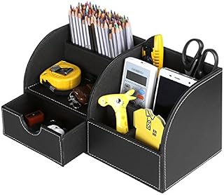 BTSKY Office Multi-Functional Pu Leather Desk Organiser Tidy Business Card Pen Mobile Phone Remote Control Holder Storage Box (Black)