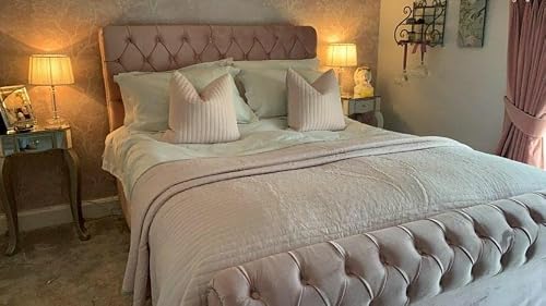 Image of Upholstered Double Bed Frame In Pink Plush Velvet – 48 Inch High Headboard & Matching Fabric Buttons - Wood Slat Support – Easy To Assemble (Double)