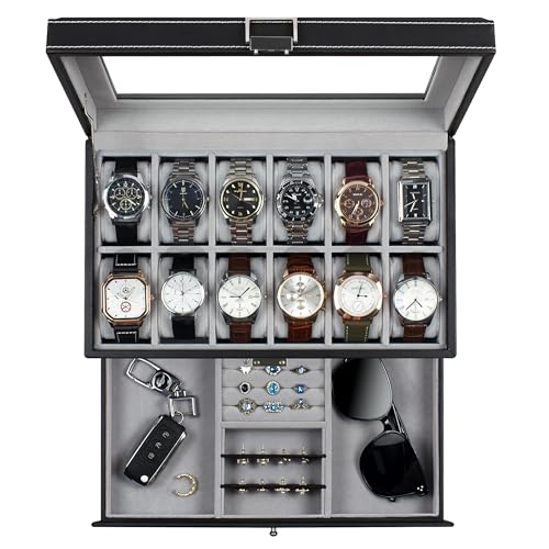 KILHS Watch Box, 12 Slot Watch Case, Watch Cases for men with Real Glass Lid, Synthetic Leather Watch Organizer storage with Jewelry Case, Birthday for Men and Women, Black