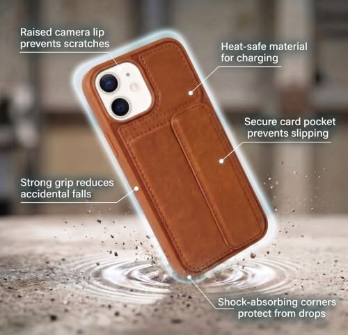 Image of amazon basics Luxury Vegan Leather Back Cover for iPhone 11 | Built-in Card Holder Slot | Integrated Mobile Stand | Slim Shockproof Protective Case with Stitched Finish - Tan