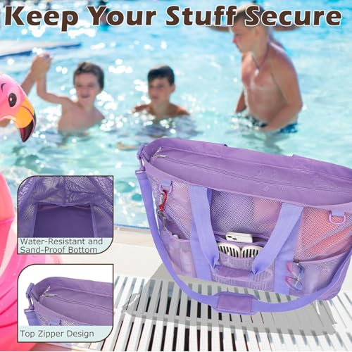 Image of Fammart Mesh Beach Bag for Women, Large Beach Toy Pool Bag with Zipper Pocket, SandProof Cruise Essentials 2026 Family Travel