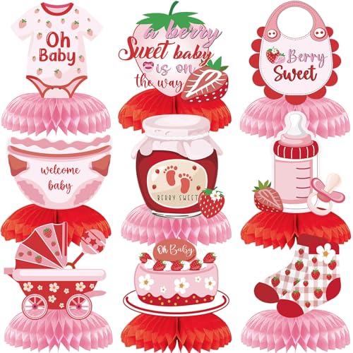 Image of Strawberry Baby Shower Decorations - Berry Sweet Honeycomb Centerpieces 9 Pieces Pink Berry Sweet Baby Shower Decorations Supplies for Girls Gender Announcement Party Table Decor