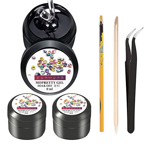 MOPRETTY Super Sticky 8ml x 2 Rhinestone Glue Adhesive Builder Tip Manicure Nail Art Decoration Clear UV Gel With 1 Painting Pen 1 wood stick 1 Tweezer (UV Light Cure Needed)