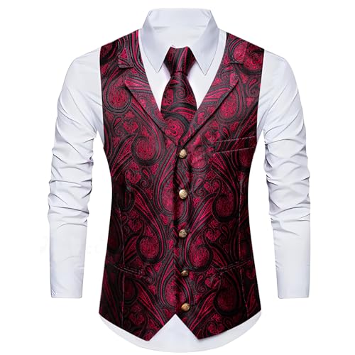 Image of Barry.Wang Mens Silk Lapel /Shawl Collar Vest Tie Sleeve Holder Set Formal /Casual Paisley Vests Wedding Tuxedo Waistcoat