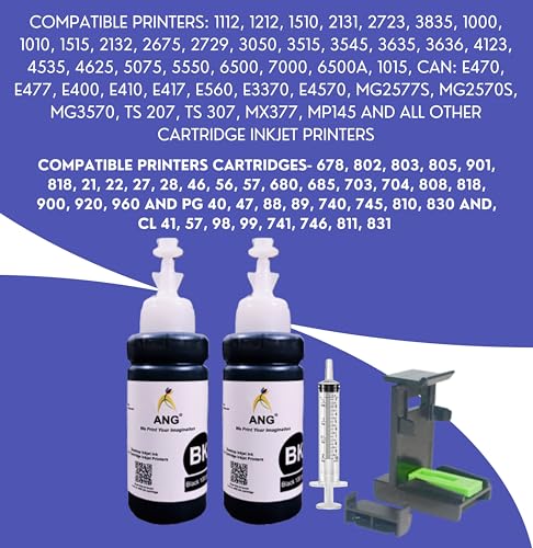 Image of ANG Refill Ink for USE in Deskjet Ink 2138,2675,2676,2677,2678,3635, 3636,3638,3775,3776,3777,3778,3779,4535,4536,4538,4675,4678,5075,5078,5085,5088,5275,5278 Printer 2 BK 1 Tools 1 Syringe