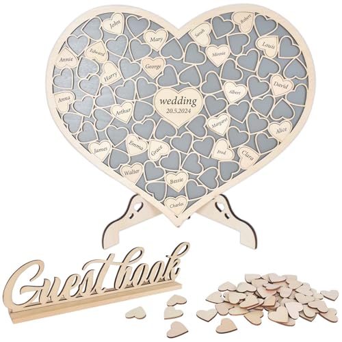 Lunaanda Libro de visitas de boda de madera, libro de visitas de madera personalizado, alternativa con corazones de madera para bodas, aniversarios, fiestas de cumpleaños, baby shower
