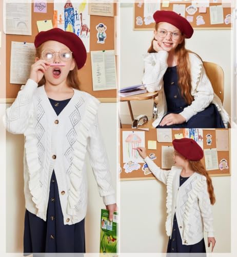Image of Arshiner Girls Cardigan Sweaters Ruffle School Uniform Sweater V Neck Button Front Outerwear 4-13 Years