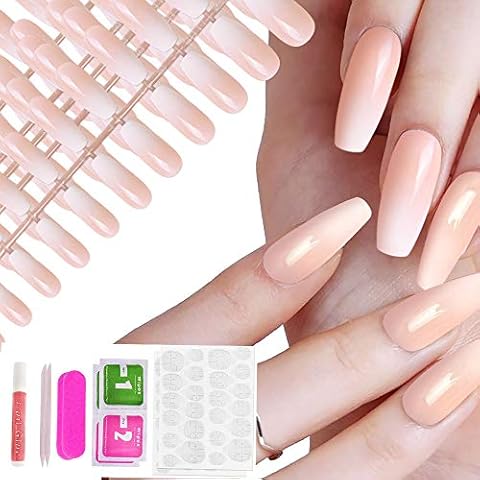 Allstarry 120pcs Long French Ombre Fake Nail Natural Nude Coffin Press on Nails Full Cover Artificial Ballerina Wedding Party Manicure Nail Tips for Women and Girls Cover