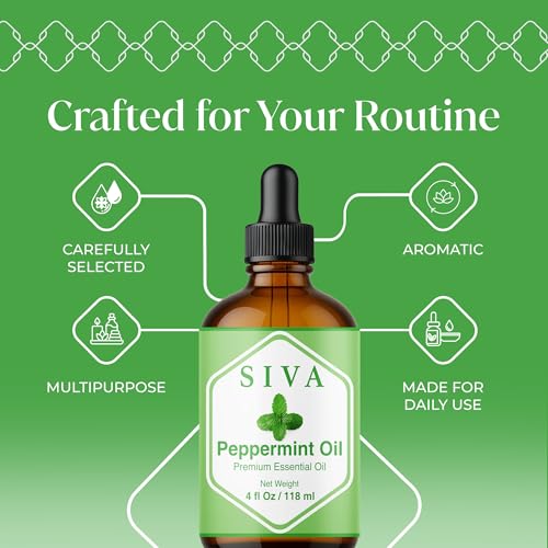Image of Siva Peppermint Essential Oil 4 Fl Oz - for Diffuser, Skin & Hair Care - Ideal for Aroma, Massage & DIY Blends- with Dropper