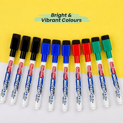 Image of Soni Officemate Fine Tip Whiteboard Markers with Duster Cap | Pack of 10 (Mix) |Black, Blue, Red & Green | 2.5 mm Tip | Eraser Cap | Non-Toxic | Smooth Writing