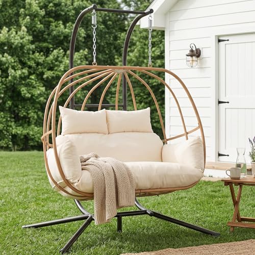 DAYARUS Hanging Chairs with Stand, All Weather Double Egg Chair Outdoor, Metal Hanging Egg Chairs Outdoor, 2 Person Oversized Swing Egg Chair, Modern Balcony Basket Loveseat for Indoor/Deck, Beige