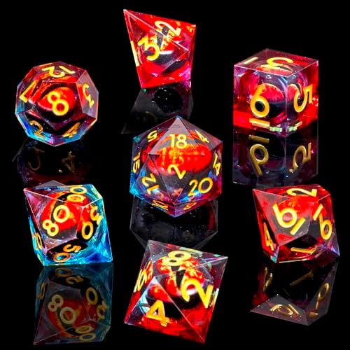 Beholder's Dragon Eye DND Dice Set, Liquid Core Sharp Edged Resin Dice for Dungeons and Dragons,7pcs RPG Polyhedral D&D Dice, MTG Role Playing Dice D20D12D10D8D6D4 with Gift Box(Blue Red)