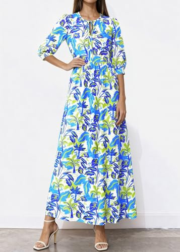 Image of KIRUNDO Maxi Dresses for Women 2026 3 /4 Sleeve Summer Dress | Spring Boho Floral, Drawstring Tie Neck, Loose Fit, Elastic Waist, Pockets, Wedding Guest, Beach Vacation Flowy Long Dress